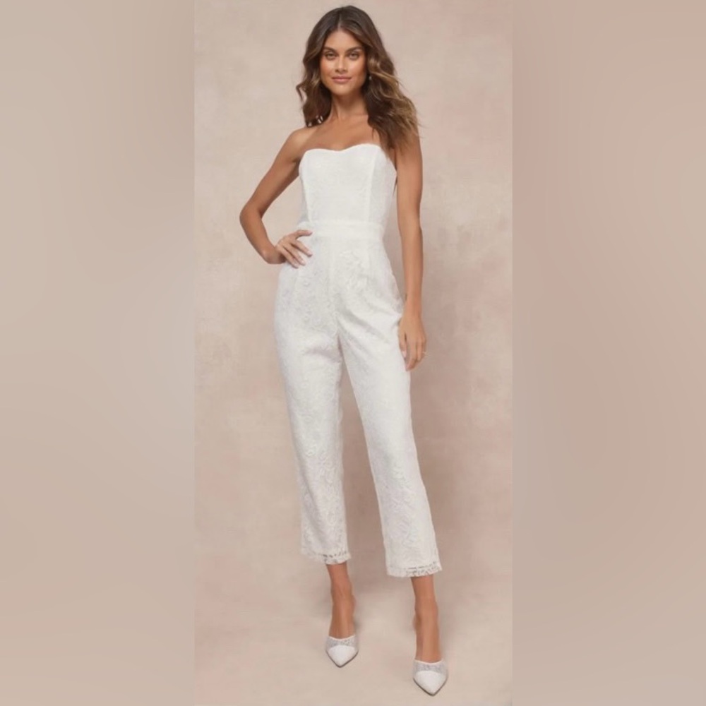 Lulus Strapless White Lace Sequin Jumpsuit